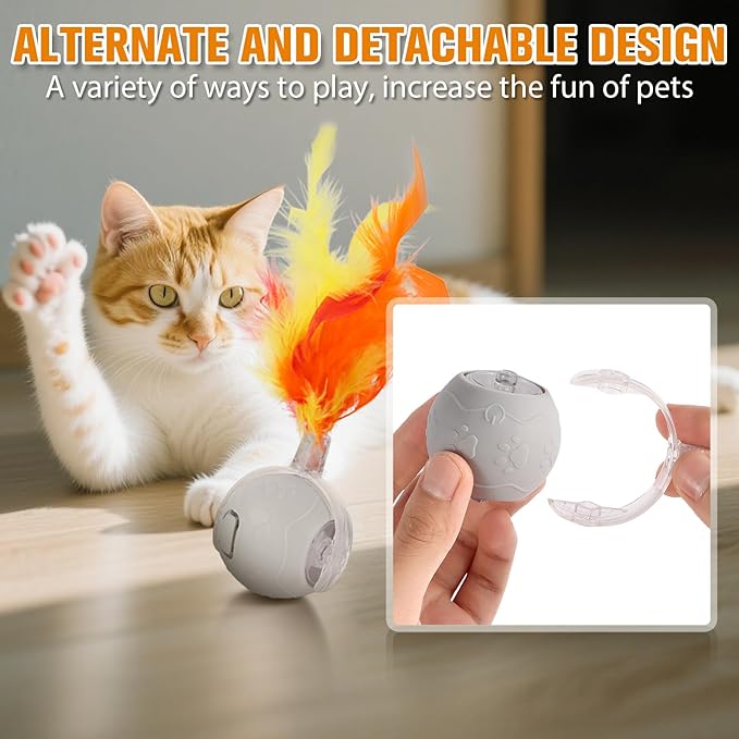 Interactive Cat Toys for Indoor,Automatic Moving Electric Rolling Pet Ball,Smart Teasing Toy for Kitty,3 Modes and USB Rechargeable,Tail 2.0 Cat Feather Toy Gray