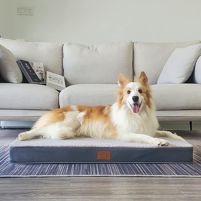 Extra Large Orthopedic Dog Bed for Big Dogs - XL Waterproof Dog Bed with Removable Washable Cover & Anti-Slip Bottom, Crate Bed, Deluxe Plush Pet Bed Mat (Grey)
