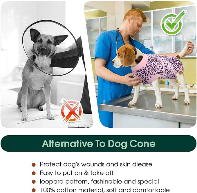 Kuoser Recovery Suit for Dogs, Dog Recovery Suit Female Doggie Onesie for Surgery, Post-Op Onesie for Female & Male Dogs, Soft Protective Wear, PinkLeopard M