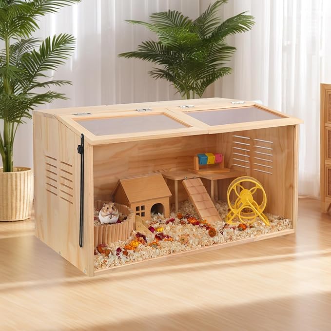 Wooden Hamster Cage,32" Lx16 Wx16 H,Animal Cabinet for Dwarf Syrian Hamsters Degus, Hamster Habitat with Openable Top and Large Acrylic Sheets, Natural Wooden Hamster Habitat.