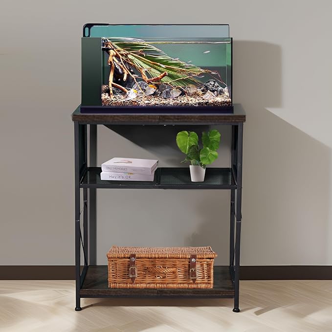 LALA IKAI Fish Tank Stand for 10-20 Gallon Aquariums Heavy Duty Adjustable Height Double Tier Steel Structure Sturdy Design Reptile Cage or Tank Storage Cabinet, Black