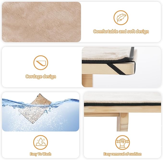 PETSFIT Window Perch, Cat Hammock Window Seat with Natural Solid Wood&Removable Fleece Mat,Safety Sturdy Cat Bed for Windowsill, Bedside and Drawer