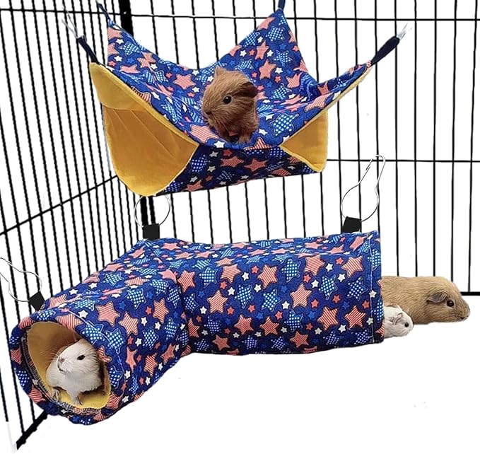 Guinea Pig Rat Tunnel Ferret Hammock, Small Animal Corner Tunnel & Tubes & Bed for Hedgehog Piggy Chinchilla Hideout Toys and Cage Accessories (3.Hammock&Tunnel)