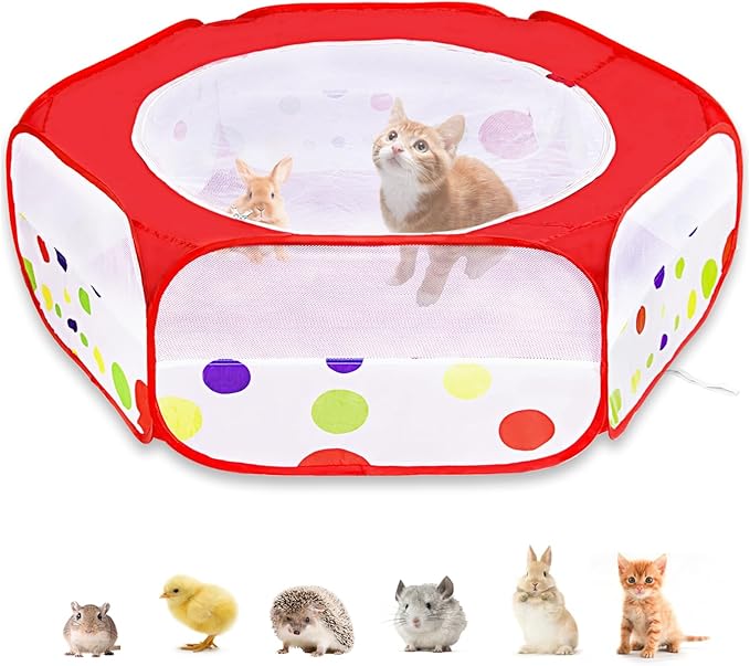 XIRGS Small Animal Playpen, Pet Playpen for Cat/Rabbit/Hamster/Guinea Pig/Bunny/Ferret/Kitten Toys Chick Brooder Box Cage Tent Pop Up Play Pen with Cover, Portable Play Yard Indoor Outdoor Waterproof