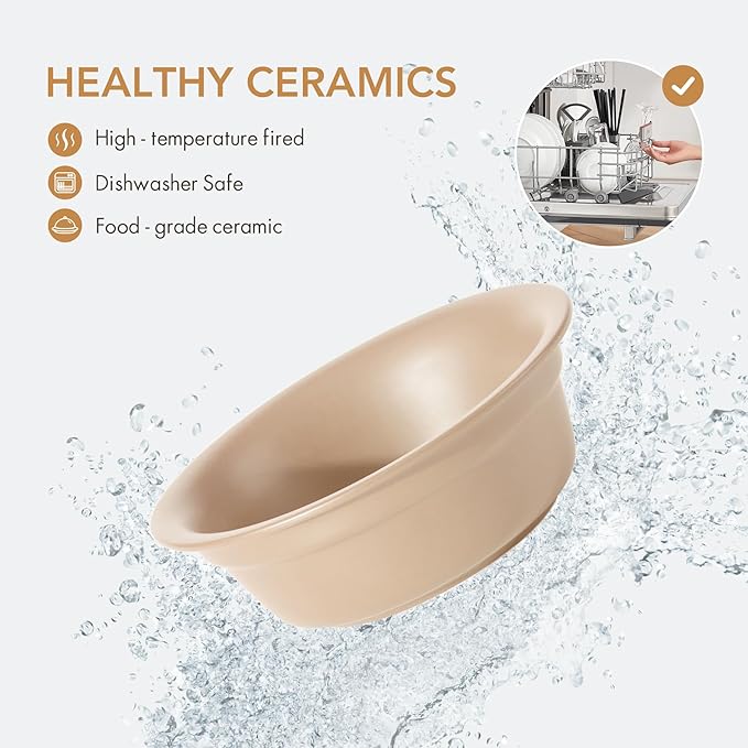 Ceramic 5.5inch Set of 2 Dog and Cat Bowls, 2pcs Basic Food and Water Dishes for Puppy, Kitty, Wide Opening Rounded Edge (2 Bowls, Oat Beige)