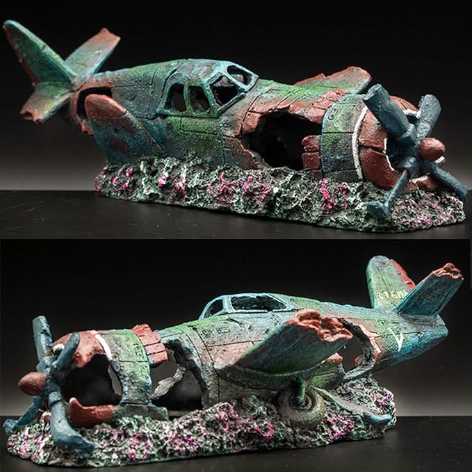 Fish Tank Decoration Fighter Vintage Airplane Ruins Submarine Landscape Fish Shrimp Shelter Cave Hideout Resin Aquarium Decor Turtle Tank Decoration