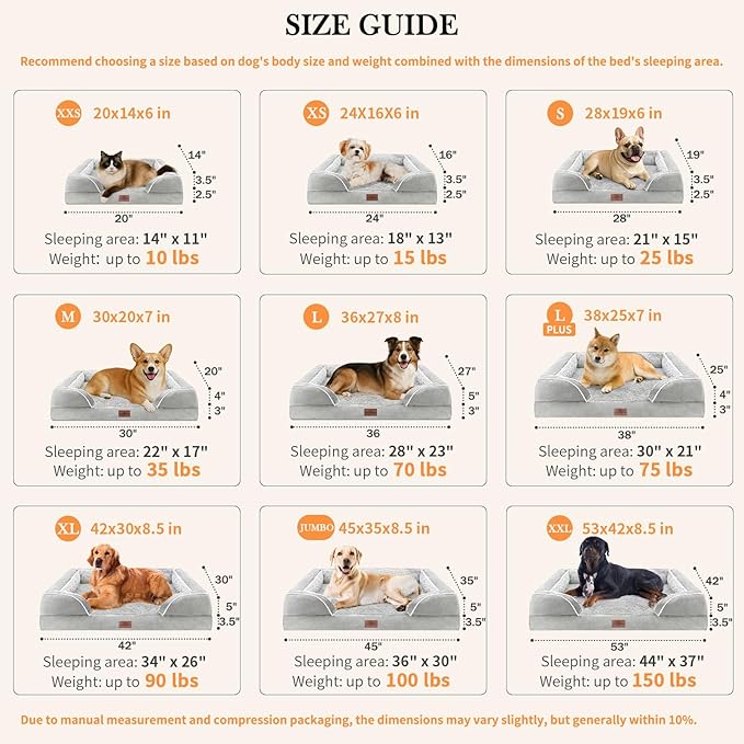 Comfort Expression XL Dog Beds Waterproof, Orthopedic Foam Dog Beds Large Sized, Bolster Dogs Beds Washable Pet Sofa with Removable Cover & Non-Slip Bottom(X-Large,Grey White)
