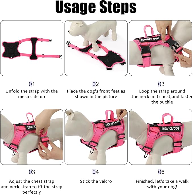 Demigreat Service Dog Harness, Reflective Dog Vest Harness with 5 PCS Patches, Adjustable Soft Oxford Pet Harness, Inner Layer Mesh, Easy to Control for Small Medium Large Dogs, HotPink