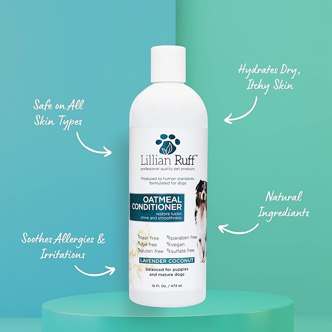 Lillian Ruff PRO Formula Oatmeal Dog Conditioner - Nourishing & Calming Relief for Allergies & Sensitive Skin - Detangles, Softens & Adds Shine with Oatmeal, Coconut Oil & Lavender - USA Made (16oz)