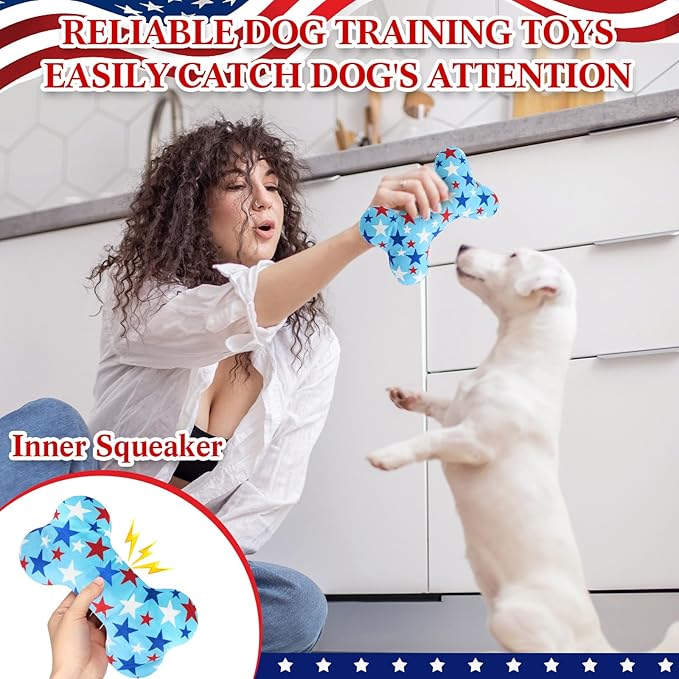 6 Pcs 4th of July Dog Toys Patriotic Day Puppy Tennis Balls and Squeaky Bone Plush Red White and Blue Pet Toys for Small Medium Large Dog Plush Chew Training Toss Balls Gift