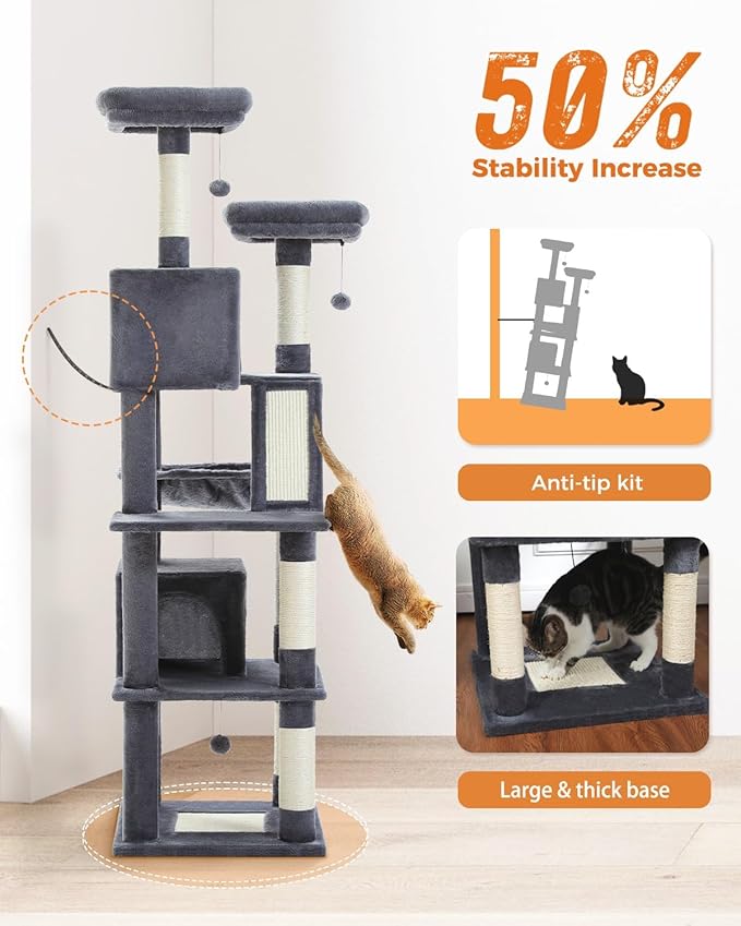 Tall Cat Tree 70.9"- Cat Tower with 6 Scratching Posts, Multi-Level Cat Climbing Tower with 2 Cat Condo, 2 Scratching Boards, 2 Top Beds&Hammock for Indoor Large Medium&Small Cats, Dark Gray
