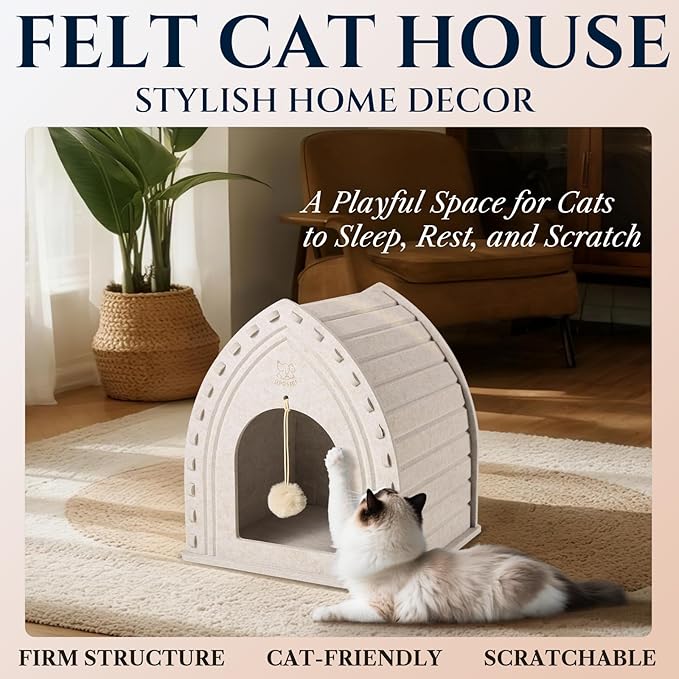 Apasiri Thermal Insulatef Cat Bed Cave for Indoor Cats: Felt Cat Scratcher House, Enclosed Cat Bed, Cat Shelter for Anxious Cats, Private Kitten Condo, Cat Hut No-Tool Assembly, 11.6x11.6x13.8 Inches
