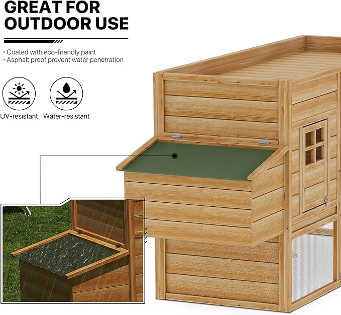 MoNiBloom 2-Layer Chicken Coop with Run and Nesting Box, Ventilation Wire Fence Wood Chicken House Duck Hutch Bunny Cage with Removable Tray Ramp and Waterproof Asphalt Roof 64 x 25.5 x 40 inch