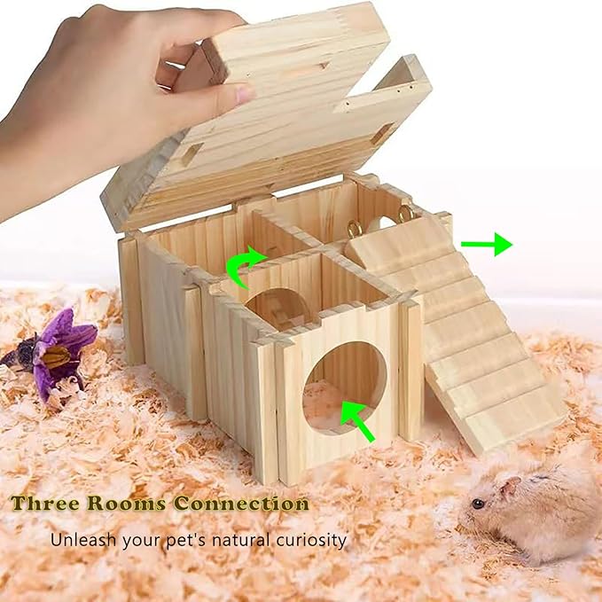 Natural Wood Small Pet Hideout with Climbing Ladder & Multi-Room Maze Sturdy Hamster House for Chinchilla, Sugar Gliders, Dwarf Hamster No Tools Assembly Cage Accessory