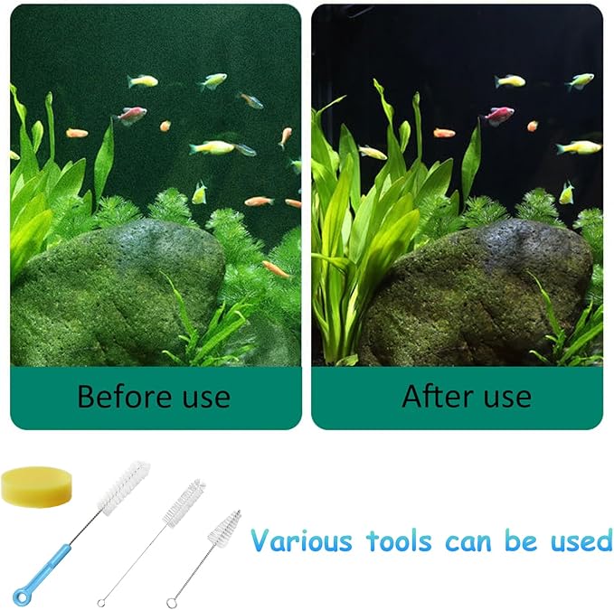 7 in 1 Aquarium Cleaning Tool Kit Betta Fish Tanks Cleaning Accessories Set Includes Seaweed Scraper with Handle, Sponge Brush, Fishing Net and Pump Brush