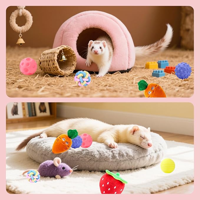 12 Pack Ferret Toys Set, Colorful Teething Balls Squeaky Toys Soft Rubber Balls Cute Ferret Plush Toy Interactive Sound for Ferret Rat Small Animals Cage Exercise Entertainment Chew Toys
