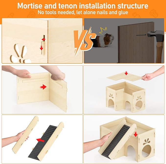 Guinea Pig Hideout House, Basic Large Wooden Hamster House with Climbing Ladder & Multi-Holes, Bunny Castle Tower Toy for Guinea Pig Chinchilla Gerbil Hedgehog Small Animal House Habitat Hut