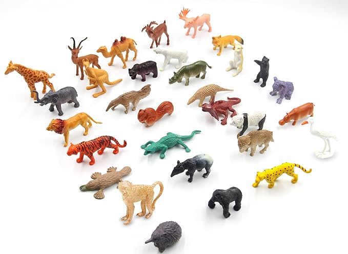 PINOWU Realistic Mini Wild Zoo Animals Figurines Toys 32 Pcs Gift Set for Education and Party Favors, Plastic Forest Safari Animals Lion, Hippo, Tiger, Bear, Elephant, Giraffe etc