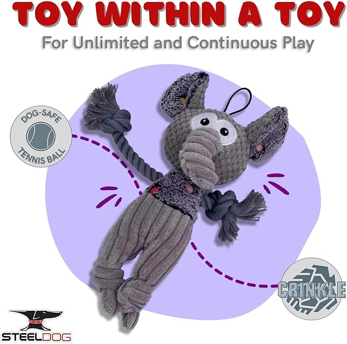 Steel Dog Polka Dot Pal Elephant, Plush Dog Toy with Knotted Rope Hands and Feet, Dog Chew Toys for Small, Medium, Large Breed (Elephant)
