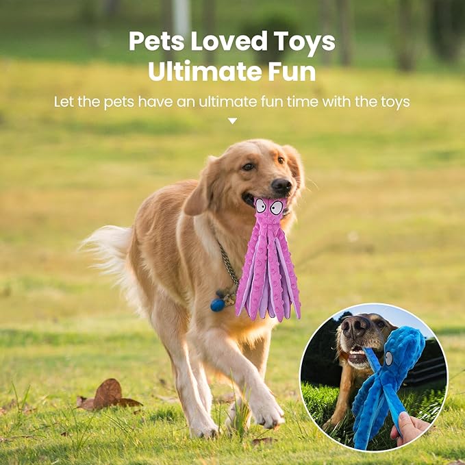 HGB Squeaky Dog Toys - Octopus No Stuffing Crinkle Plush Large Dog Toys to Keep Them Busy for Puppy Teething Chewing, Pet Supplies for Small, Medium, and Large Breeds, 2 Pack