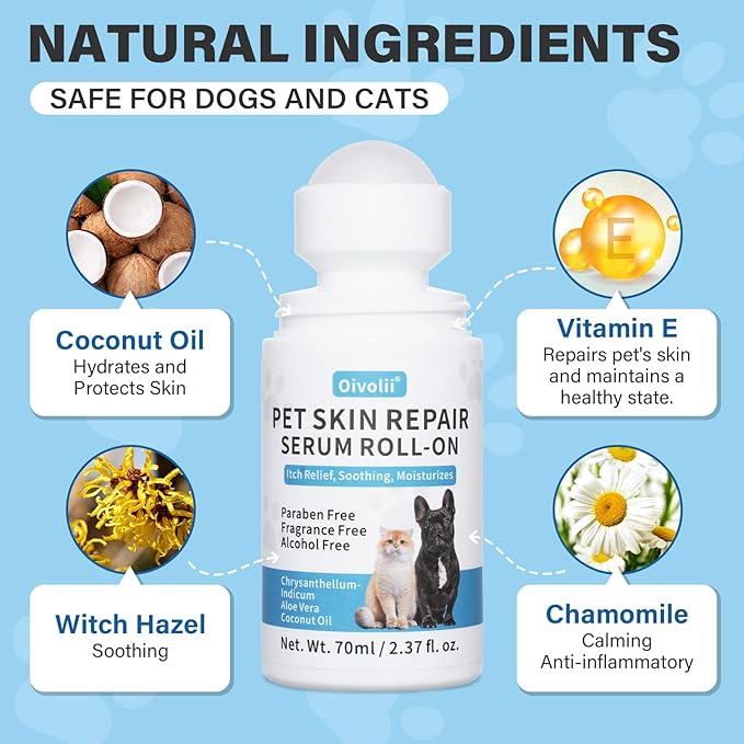 Dog & Cat Skin Care Roll-On with Coconut Oil (2.3fl oz) - Itch Relief, Hot Spot Treatment & Allergy Moisturizer for Fast Skin Repair & Hair Regrowth
