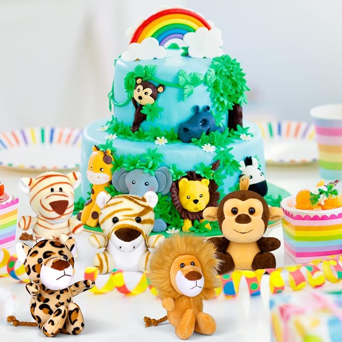 Elcoho 14 Pieces Safari Jungle Animal Plush Toys Small Stuffed Forest Animals Plush Toys 5.9 Inch and 3.75 Inch Keychain Decorations for Animal Themed Parties Goody Bags(Standing,Sitting)
