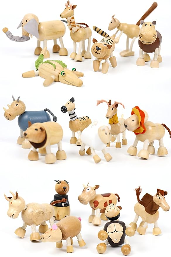 6 Pack Bendable Wooden Animal Figurines - Smooth Natural Wood Zoo & Jungle Safari Animals - Preschool Learning & Education Toys for Toddlers & Kids