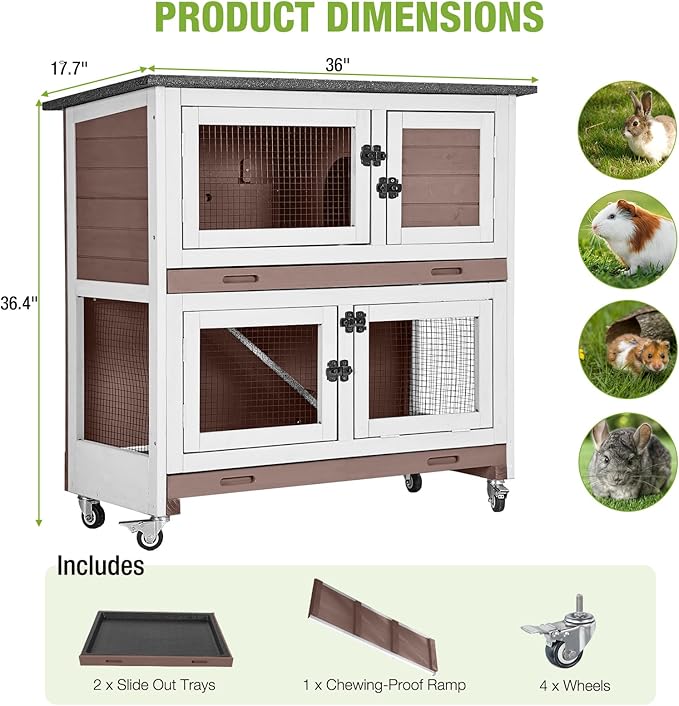 2-Story Rabbit Hutch Indoor Bunny Cage Wooden Guinea Pig House with Chew-Proof Ramp, Leakproof Slide-Out Trays, Lockable Caster Wheels for 1-3 Rabbits (Brown)