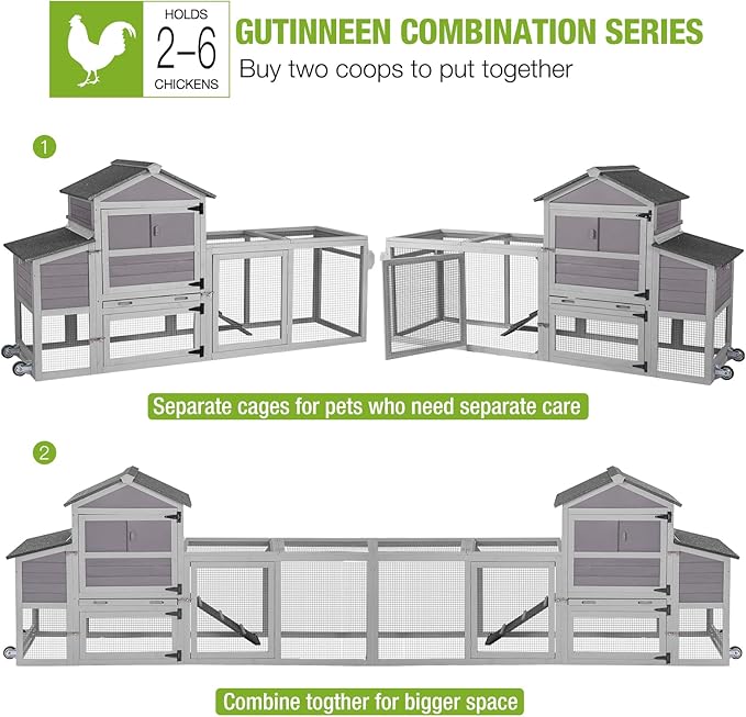 GUTINNEEN Chicken Coop Mobile Chicken House with Wheels Expandable Wooden Hen House 80.7" Outdoor Rabbit Hutch Movable with Large Nesting Box for 2-4 Chickens (Grey)