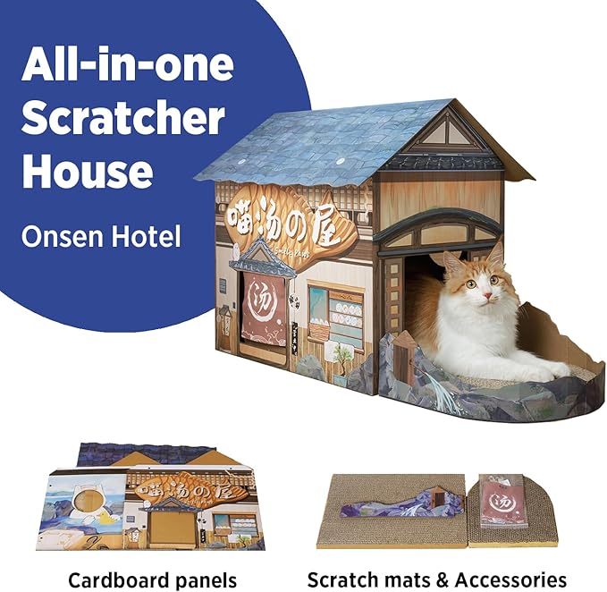 Cat Beds for Indoor Cats, Cardboard Cat House with Scratchers, Onsen Hotel, Large Sturdy Cat Furniture Condo Cave Tent, Easy to Assemble Pet Toys Accessories Stuffs, Bunny Small Animals
