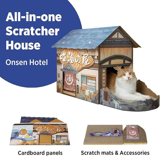 Cat Beds for Indoor Cats, Cardboard Cat House with Scratchers, Onsen Hotel, Large Sturdy Cat Furniture Condo Cave Tent, Easy to Assemble Pet Toys Accessories Stuffs, Bunny Small Animals