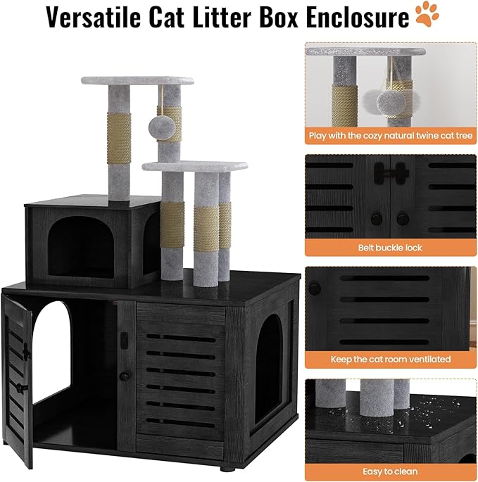 DKLGG Large Wooden Cat Tree House with Hidden Litter Box Enclosure | Multi-Functional Cat Furniture Featuring Sisal Scratching Post, Plush Perch Platform & Divided Condo for Indoor Cats (Black)
