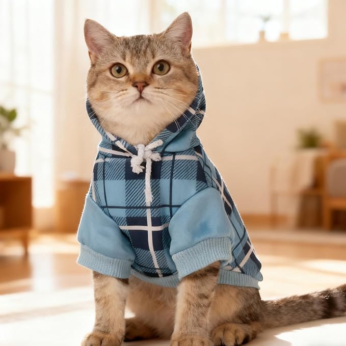 EXPAWLORER Plaid Cat Hoodie - British Style Warm Cat Sweater Shirt with Leash Hole,Pet Clothes Outfits,Winter Coat Apparel for Puppy Cats Girl Boy-Kitten Apparel,Blue S