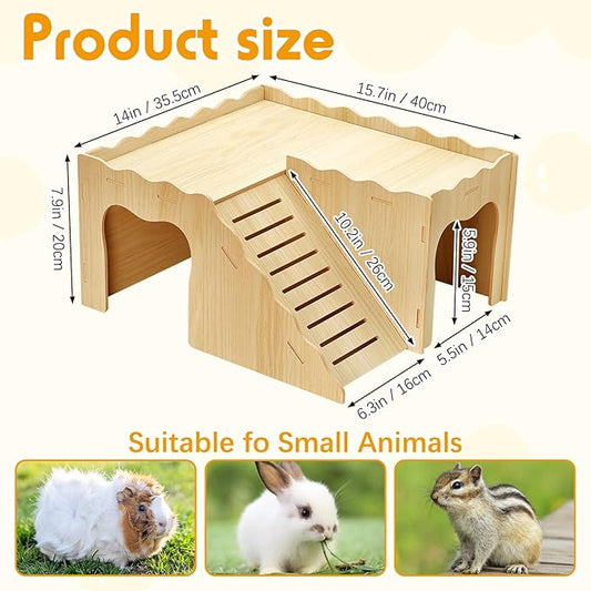 BNOSDM Upgraded Wooden Guinea Pig Hideout with Stair & Loft 2 Tier Detachable Cavy Castle 2 Door Small Animal House Habitat Dwarf Rabbit Climbing Toy Accessories for Cage