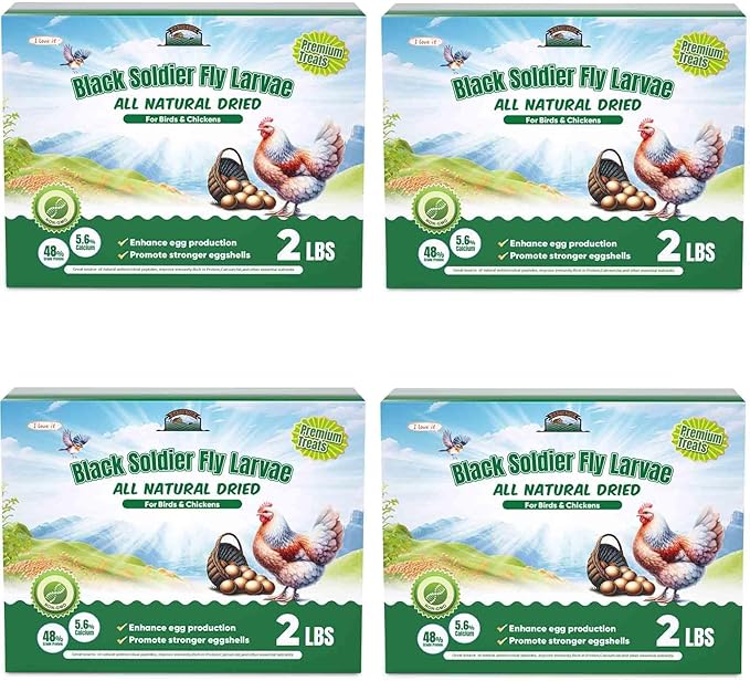 8LB Dried Black Soldier Fly Larvae for Chickens, Non GMO Chicken Feed More Calcium Than Mealworms - Chicken Worms Treats, Duck Food (4 Pack*2LB)