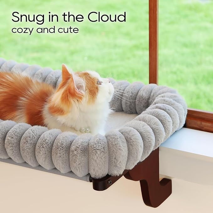 Zakkart SnugCloud Cat Window Perch with 4-Sided Bolster - Orthopedic Cat Hammock for Window Sill - Solid Hardwood & Metal Frame - Window Seat for Pets (Dark Stained Wood w/Gray Bed, Large)