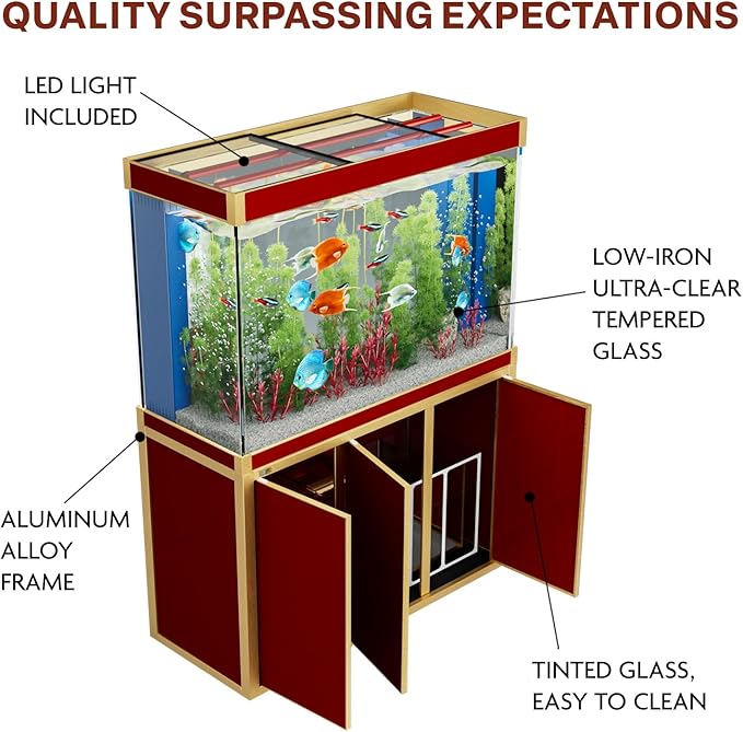 175 Gallon Aquarium Fish Tank with Upright Fishtank Stand Water Pump Freshwater Filter LED Bundle and Straight Corners Clear Glass - Red with Gold Trims