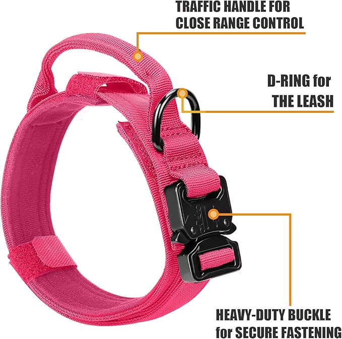 Tactical Dog Collar and Bungee Leash,Military Dog Collar & Leash Set with USA American Flag Adjustable K9 Collar with Heavy Duty Metal Buckle & Handle,with Patches and Airtags Case (Pink(1PCS), XL)
