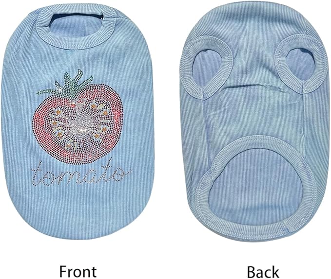 Washed Cotton Pet Vest with Rhinestone Fruit Designs, Soft & Stylish Small Dog Cat Vest for Spring Summer, Breathable & Shiny (Blue-Tomato, X-Small)