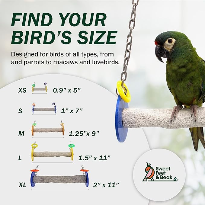Bird Swing - Pumice Perch Trims Nails and Beaks, Safe and Non-Toxic, For Small and Large Birds, 10.5 Inches