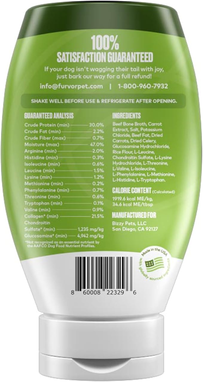 Beef Mobility Support Bone Broth Concentrate for Dogs - Collagen Protein Supplement - Boosted w/Amino Acids, Glucosamine, and Chondroitin - Dog Food Topper - Human Grade (12 oz, 20 Servings)
