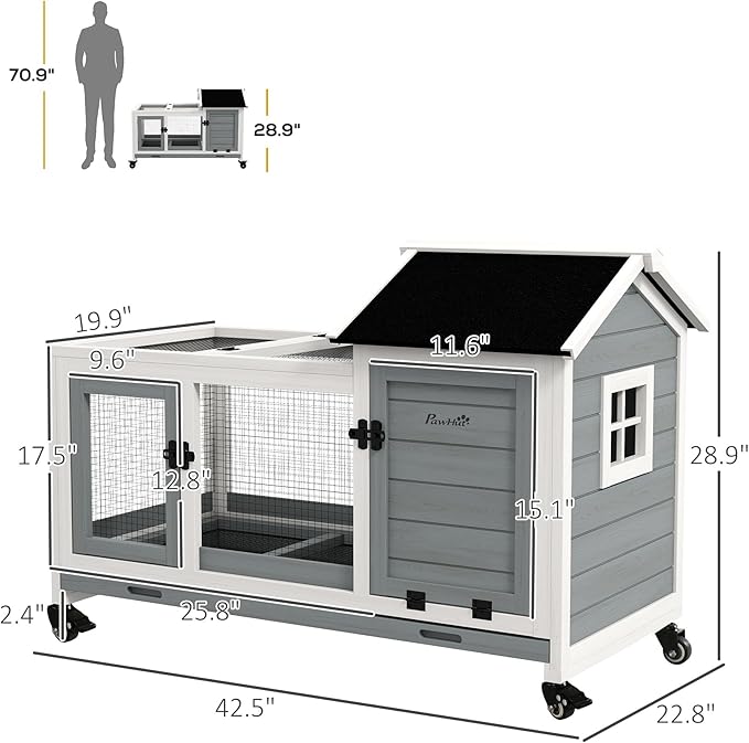 PawHut Wooden Rabbit Hutch with Wheels, Indoor Outdoor Large Bunny Hutch with Run & Slide-Out Tray for Small Animals, Rabbits, Chickens, Ducks, Guinea Pig, Gray