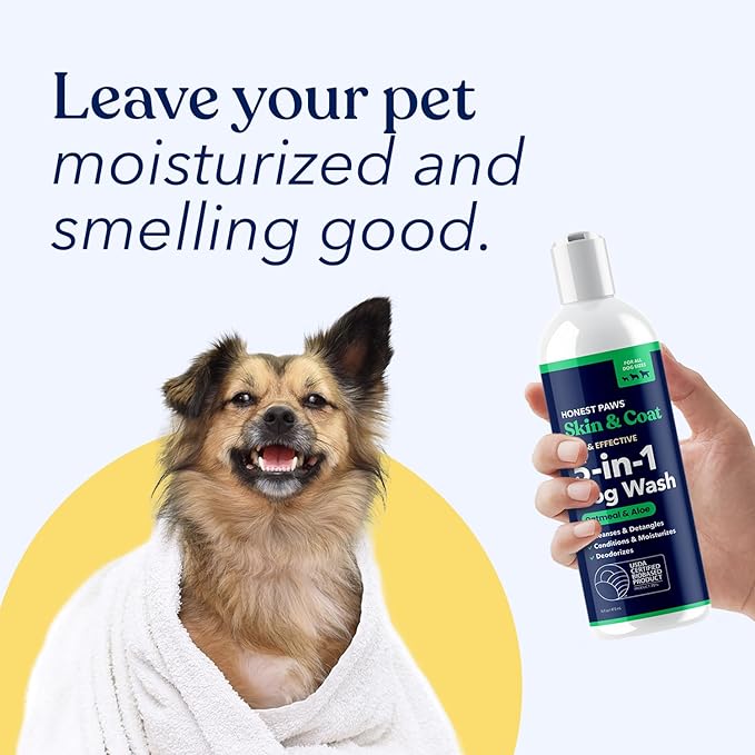 Honest Paws Dog Shampoo and Conditioner - Premium Dog Wash for Allergies and Dry, Itchy, Moisturizing for Sensitive Skin - Sulfate Free, Plant Based, All Natural - Oatmeal & Aloe -16 Fl Oz
