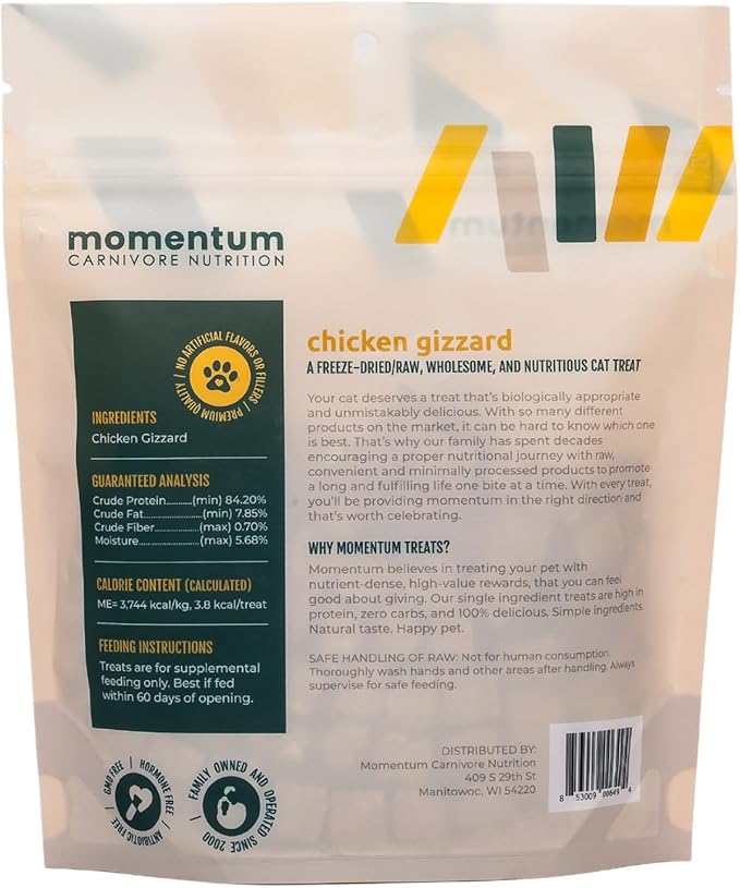 Momentum Carnivore Nutrition Freeze-Dried Chicken Gizzard Cat Treats – Single-Ingredient, All-Natural, Grain-Free Treats – 1.9 oz Bag