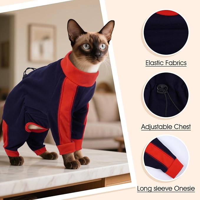 DENTRUN Cat Clothes with Anti-Shedding Fabric - Soft Recovery Suit & Breathable Lint-Resistant Cat Sweater for Wound Care & Hair Control, Kitten Onesie Pajamas, M, Dark Blue