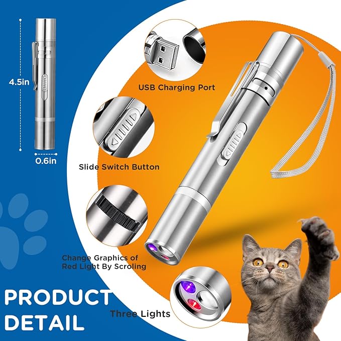 Cat Toy Pointer for Indoor, USB Rechargeable Toy, 3 Light Colors Cat Interactive Toys for Dogs, Cats, Pet Chase Toy for Fun Playing Training Exercise Indoors
