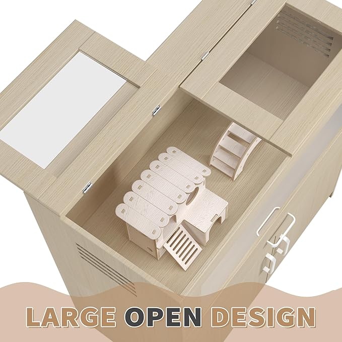 Guinea Pig Cages, Hamster Cage Wood with Independent Storage Cabinet, House for Rat Chinchilla with Guinea Pig Hutch and Bridge, Openable Top with Acrylic Sheets(Teak+Wood, 32.28 inch)