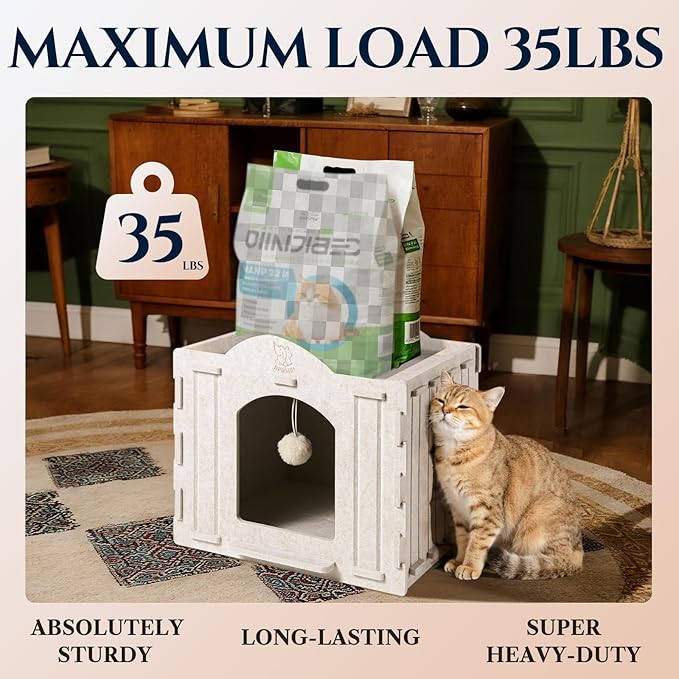 Apasiri Indoor Cat House Scratch-Resistant: Thermal Insulated Enclosed Felt Bed Cave with Hanging Ball Toy, No-Tool Assembly Hideaway for Anxious Cats & Kittens up to 35 Lbs