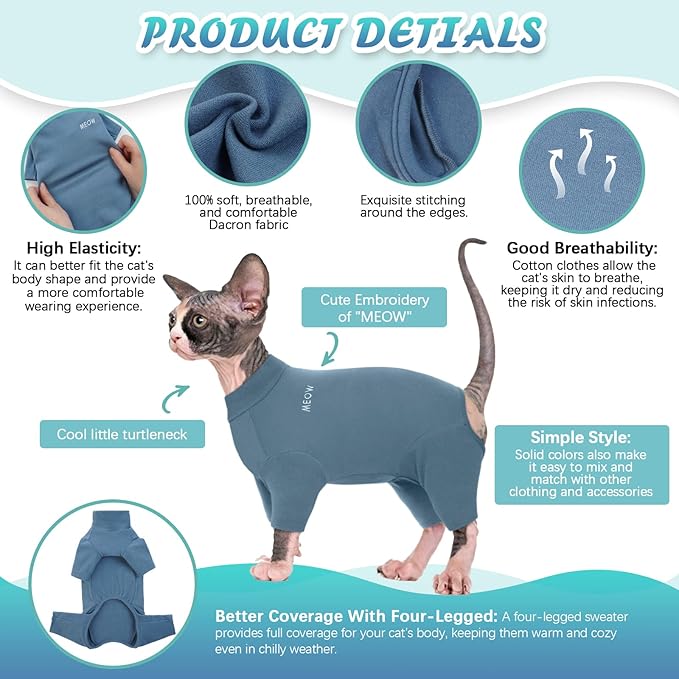 ROZKITCH Hairless Cat Clothes, Breathable Soft Cat Jumpers for Cats Only, Cat Coat with Four Legs, Warm Cat Sweater Cat T-Shirt Cat Pajamas Jumpsuit Vest Cornish Rex, Devon Rex, Peterbald Blue XL
