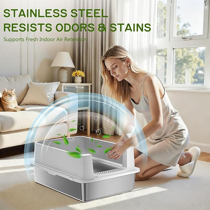 Stainless Steel Litter Box - 28" Extra Large XXXL Cat Litter Box with High Sides, Non-Sticky & Anti-Leakage for Big Cats/Multiple Cats, Includes Heavy Duty Metal Scoop, Grey